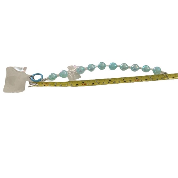Large Blue Beaded with Clear Bow Charm Phone Accessory Wristlet with Phone Tab - Picture 4 of 15